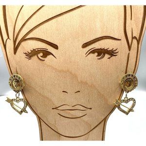 Vintage Love Dangle Stud Earrings, Gold Tone Oval with Dangling Crystal Heart